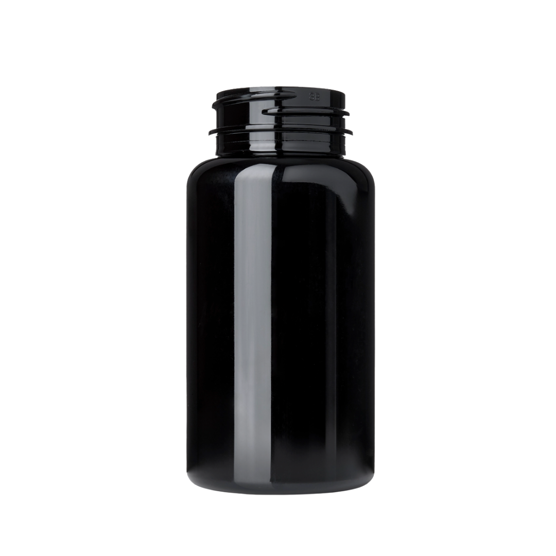 150 CC, Black Medicine Bottle, (336 pcs/case), 38 mm Matching Cap